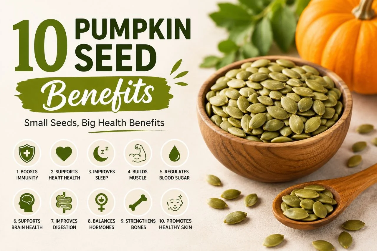 10 pumpkin seed benefits. Green pumpkin seeds kaddu ke beej — richest plant source of zinc and magnesium, complete nutrition guide for Indians 2026 by SwastFit